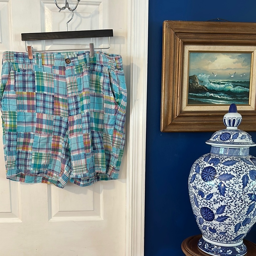 Men’s Washed Stoned & Beaten Plaid Madras Cotton Shorts Size Medium